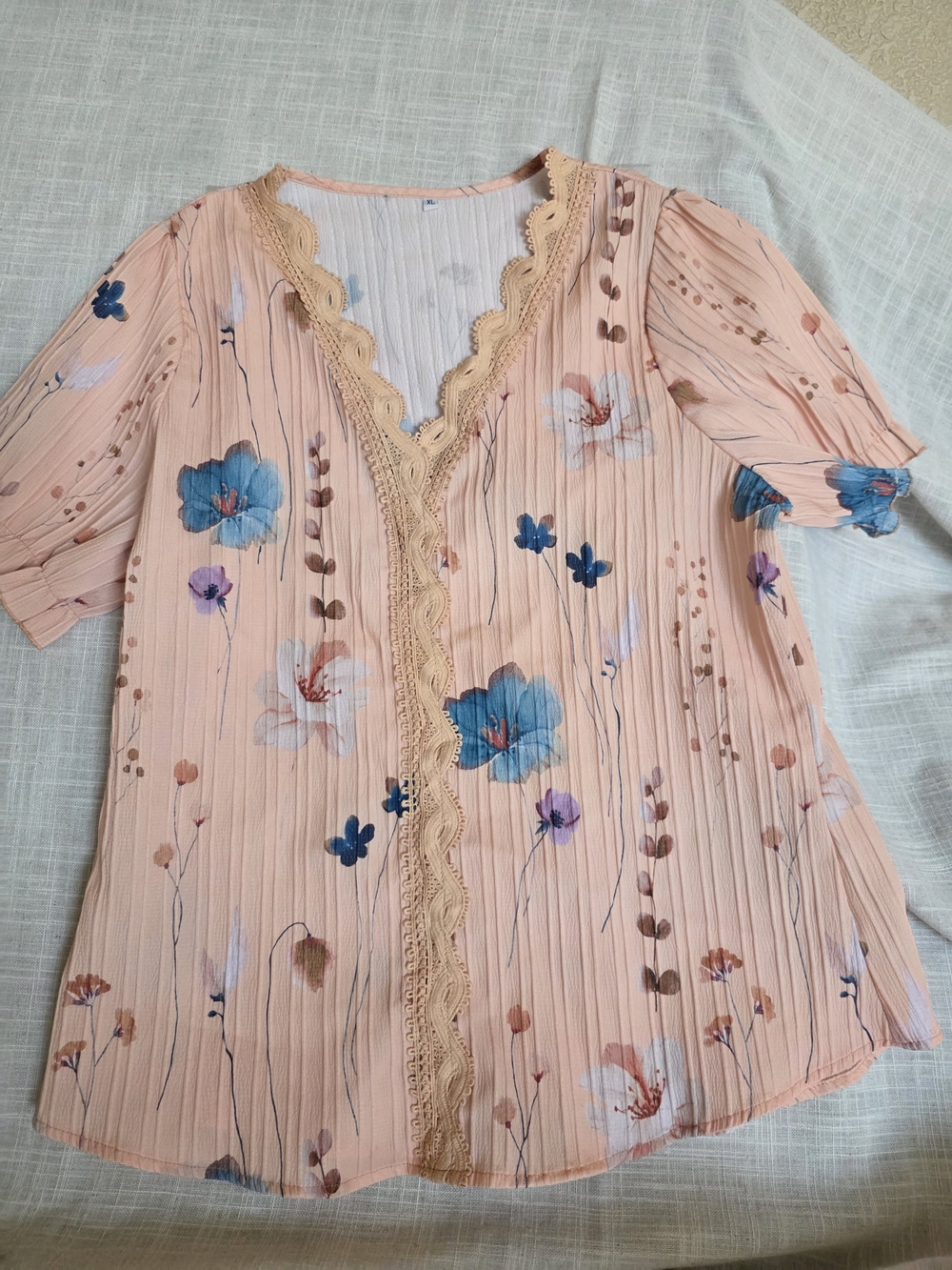 * Women’s Lace-Trim Floral Blouse - Peach Coral Light Weight Casual Summer XL - Picture 2 of 10